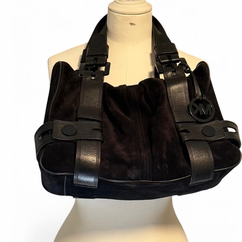 Michael Kors black suede shoulder bag with leather trim